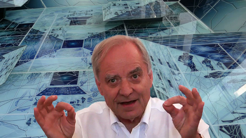 André Brahic expliquant le Fractal devant la Maison Fractale/ Villa Tamaris/  Exposition Meynard / Géométrie des Énigmes / 2010