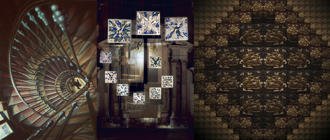 Rebus Fractal : L’Escalier 1976 - Mémoire d’Icares 1998 - Moucharabieh I 2005 / acrylique sur toile, mixed média - installation, création numérique sous Diasec